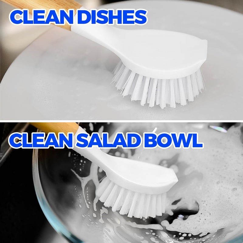 Holikme 3 Pack Dish Brush Set with Bamboo Handle, Kitchen Cleaner for Cleaning Pasta Plate, Salad Bowl, Scrubber with Soft Bristles, Blanco - Image 2